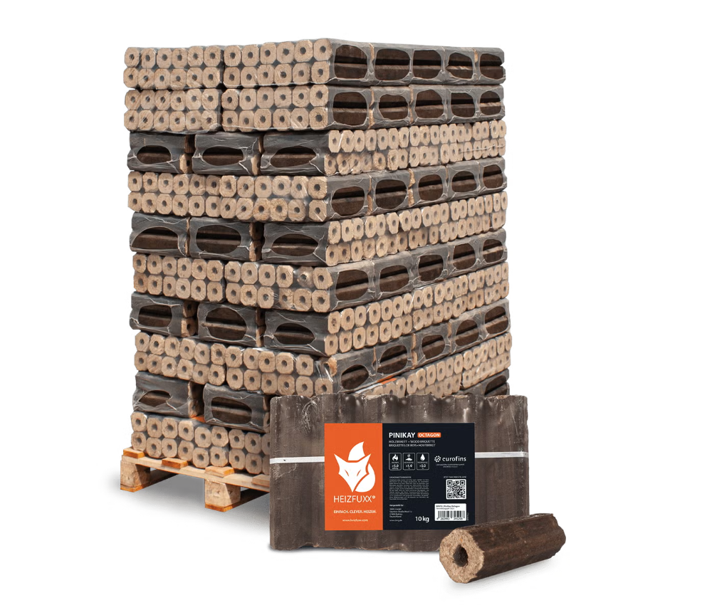 Heizfuxx Pini Kay achthoekige houtbriketten – pallet 960 kg (96 pakken van 10 kg)