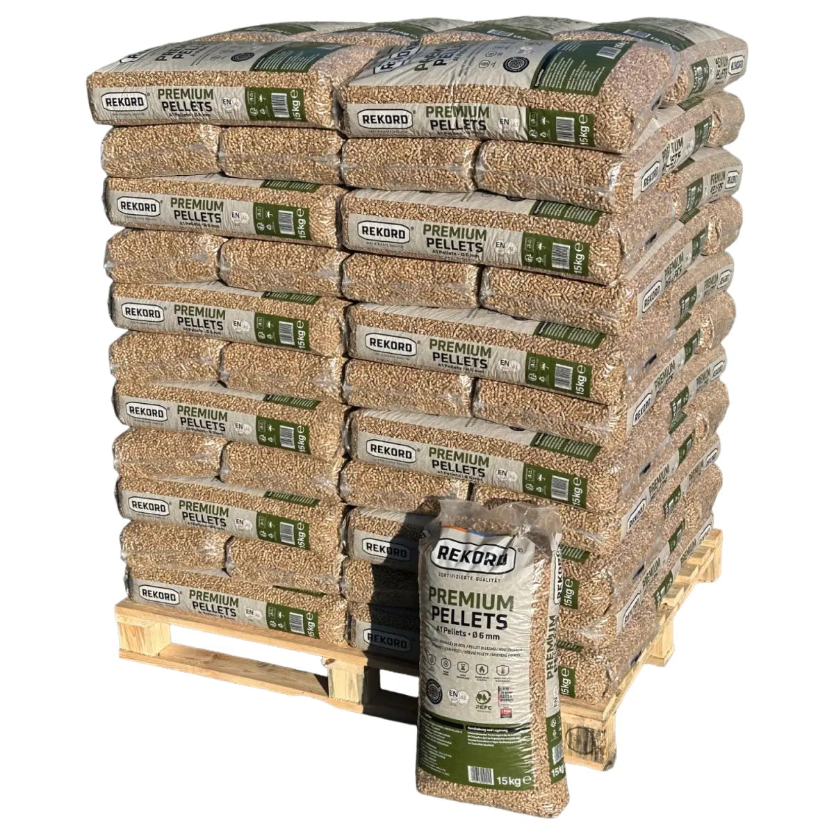 REKORD Premium ENplus A1 houtpellets – pallet 990 kg (66 zakken van 15 kg)