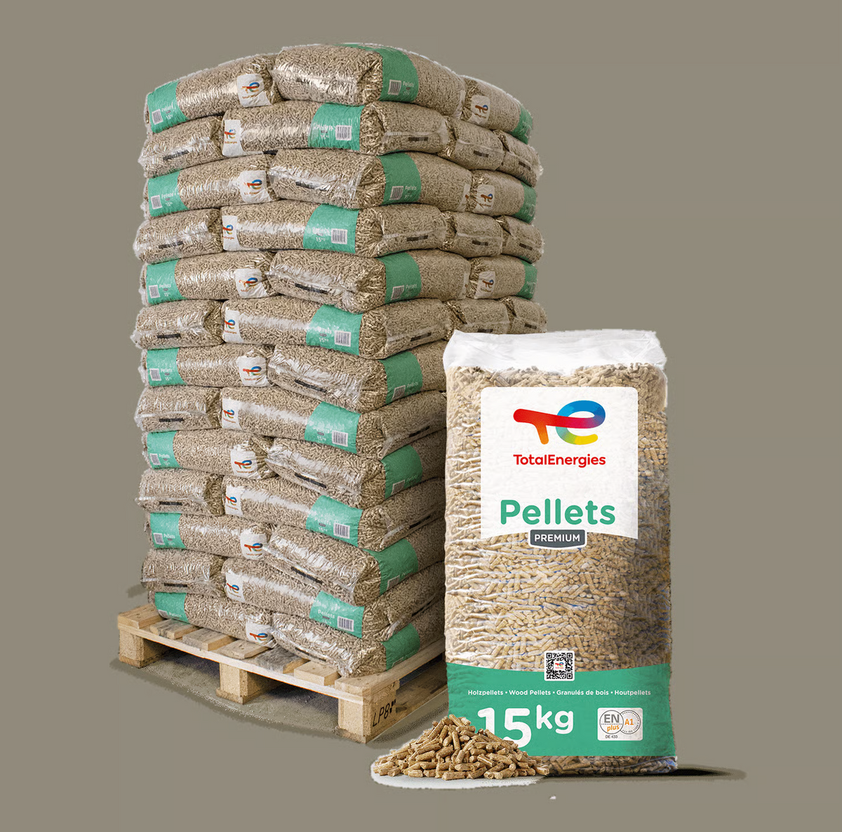 TotalEnergies Premium ENplus A1 houtpellets – pallet 975 kg (65 zakken van 15 kg)