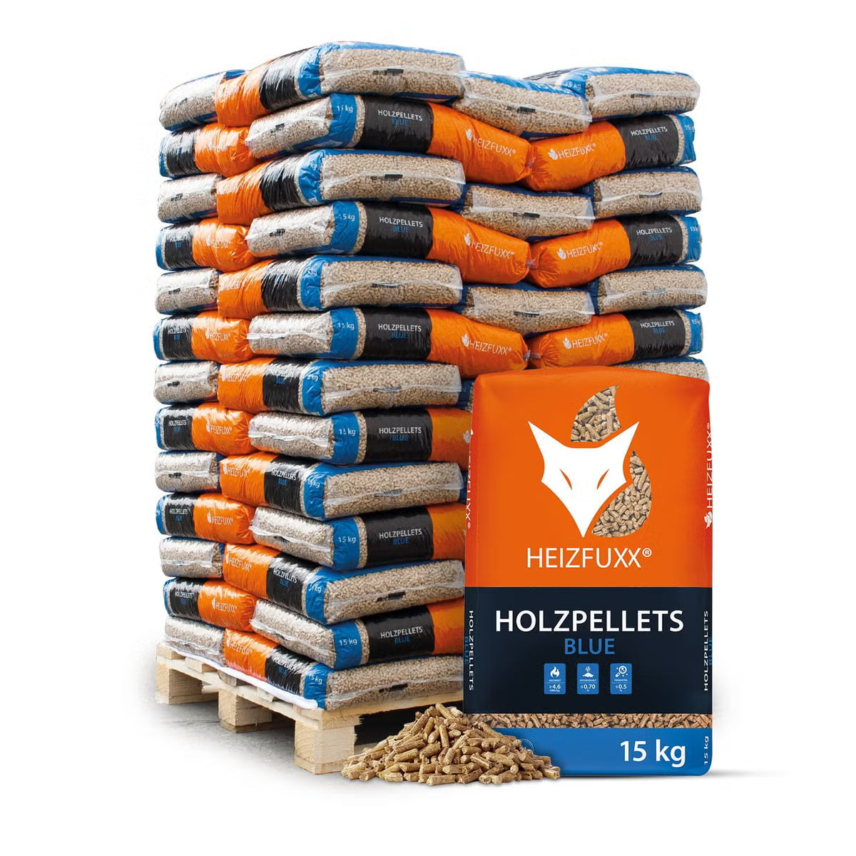 Heizfuxx Blue ENplus A1 houtpellets – pallet 975 kg (65 zakken van 15 kg)